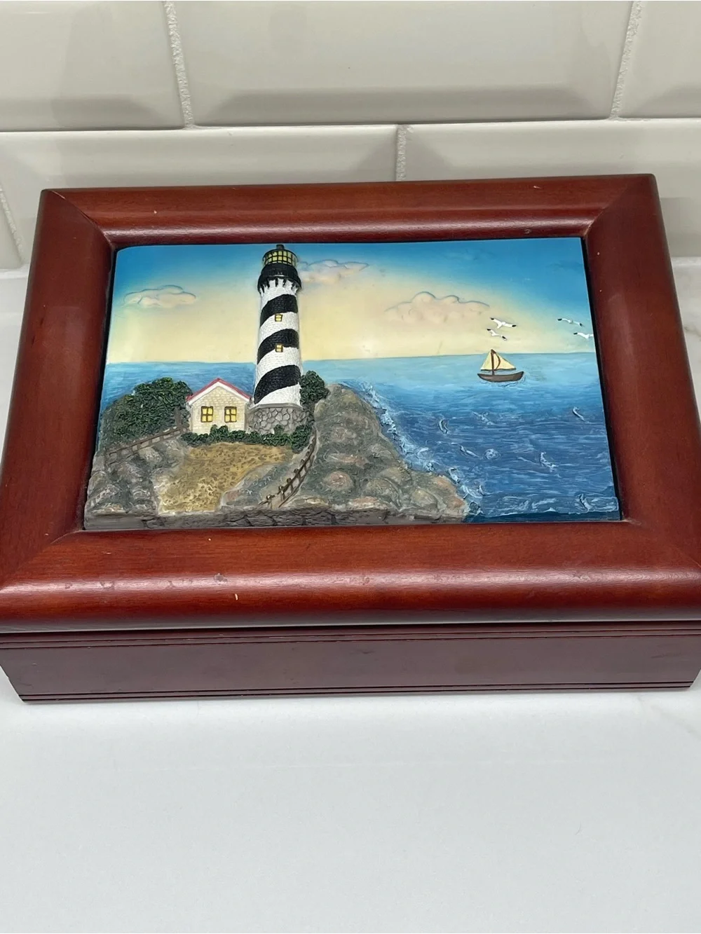 Jewelry Box Lighthouse Nogiguchi Collection Wood Hinged Trinket Nautical 9x3